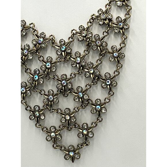 Vintage Antique Silver Chainmail Mesh Floral Rhinestone Bib Drape Necklace - Picture 3 of 9